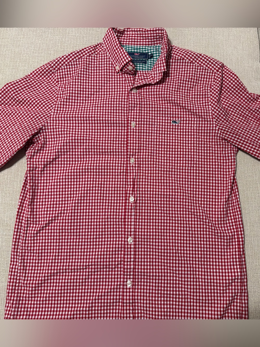Vineyard Vines Men’s Red and White Gingham Button-Down Shirt
